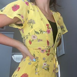 yellow wrap floral dress